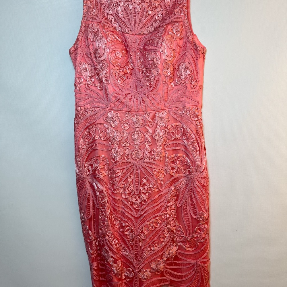Sue Wong Coral Lace Midi Dress